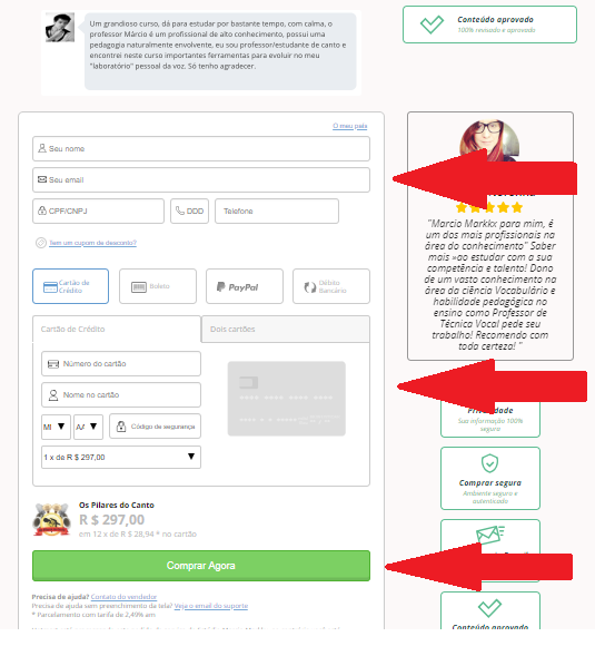 Pagando o Curso de Canto na Hotmart